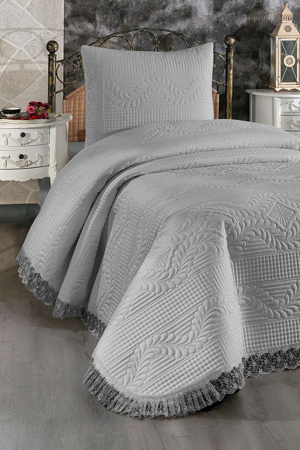 Çeyiz Diyarı-Gesteppte Tagesdecke für Einzelbett, Limena-Spitze, Grau 1