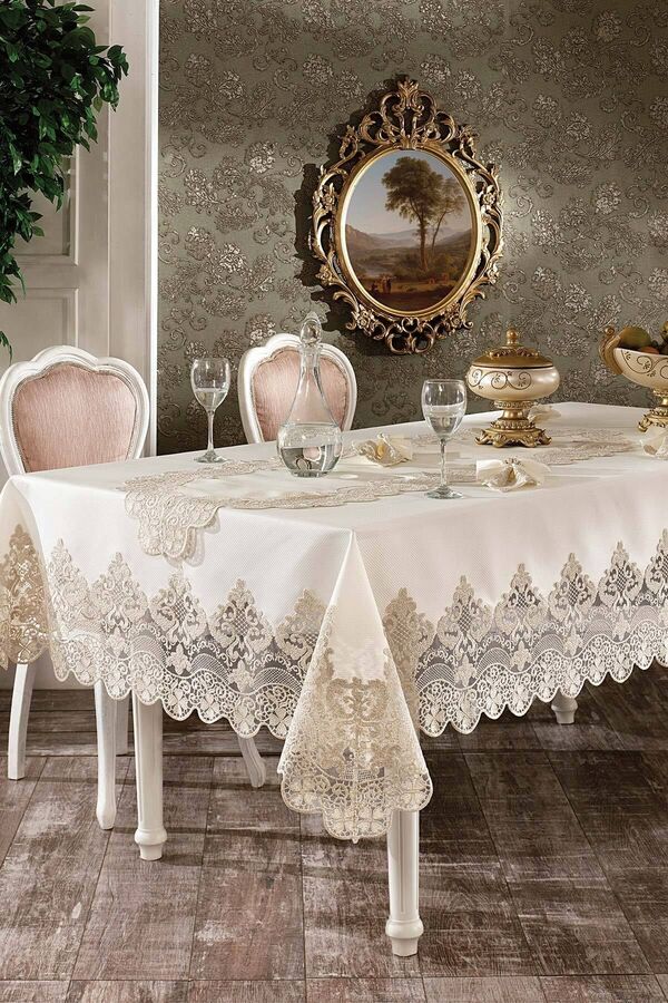 Çeyiz Diyarı-French Laced Ruby Tablecloth Set 26 Pieces Ecru Gold 1
