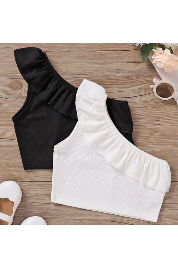 Genel Markalar Kız Çocuk 2'li Fırfırlı Tek Omuz Crop Set- Kız Çocuk Tek Omuz Fırfırlı Ribanalı Crop Top Badi Bluz