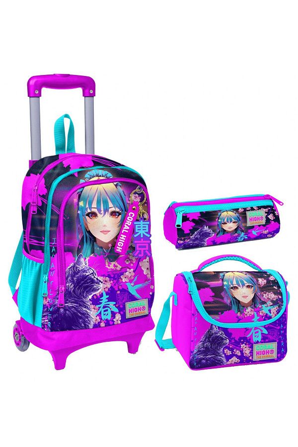 Coral High Purple Pink Anime Cat Patterned Triple Squeegee Wheeled Bag Set Girl Trendyol
