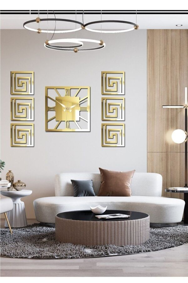 EYKA STORE-Modern Decorative 6 Paintings + Gold Plexiglass Square Clock with Middle Mirror 7 Piece Set Special Design Set 1