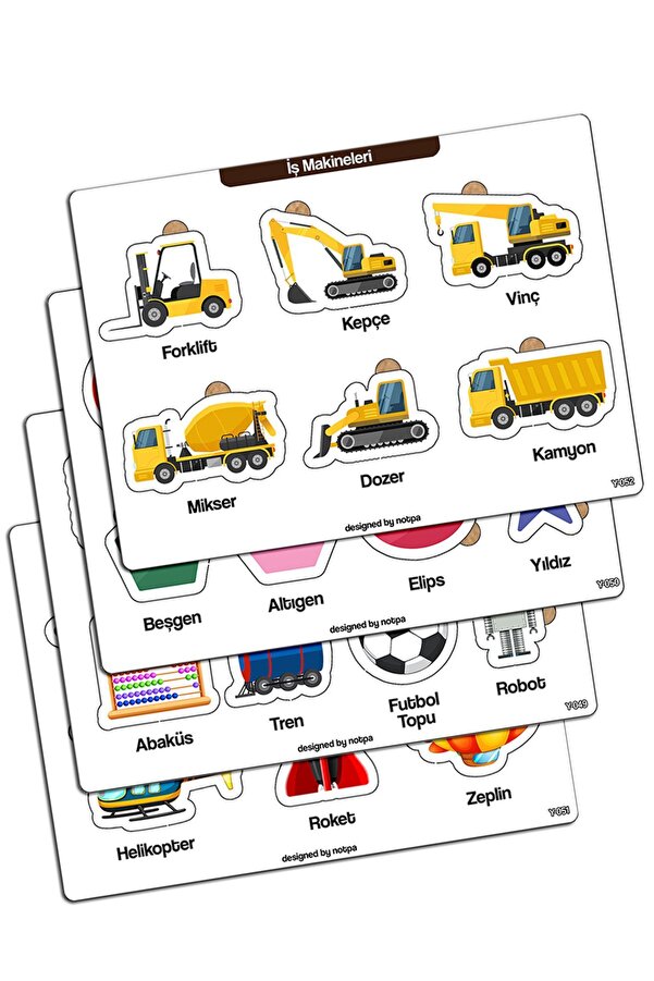 kutuTR Notpa Çocuklar Için Eğitici Ve Öğretici Ahşap Renkli Yapboz 4lü Set 102 Şekiller Taşıtlar