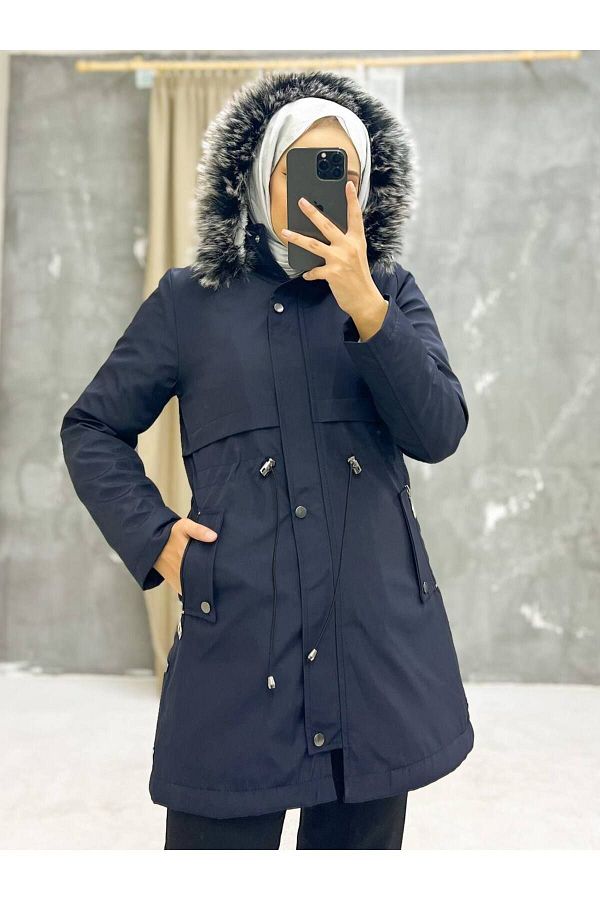 Vibeys Collection Navy Blue Fur Lined and Waterproof Women s Winter Coat Coat Trendyol