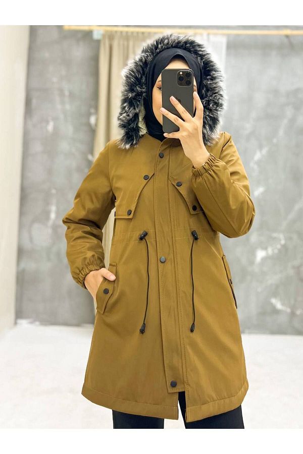 Marjinal City Tan Fur Lined and Waterproof Women s Winter Coat Coat Trendyol