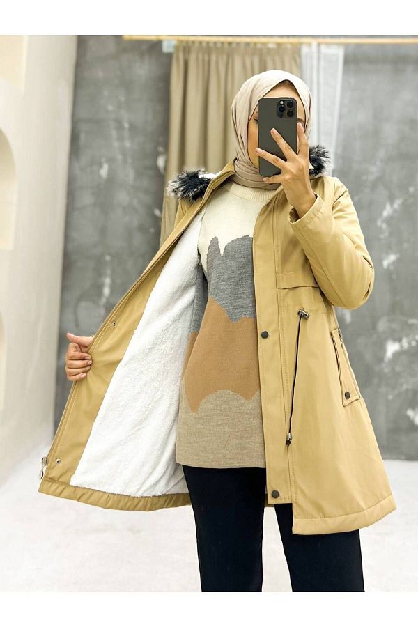 Vibeys Collection Mustard Fur Lined and Waterproof Women s Winter Coat Coat Trendyol