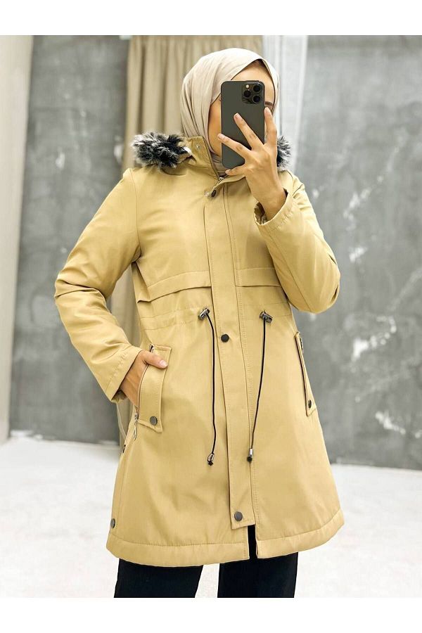 Vibeys Collection Mustard Fur Lined and Waterproof Women s Winter Coat Coat Trendyol