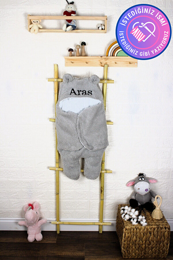 tinykiddesign Nakışlı Bebek Dış Kundak Uyku Tulumu Kişiye Özel Kıvırcık Wellsoft Peluş Ayıcık Kulaklı