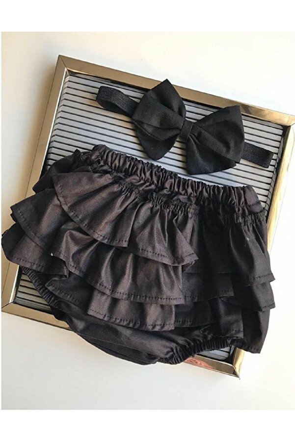 Asa Bebek Çocuk Siyah Fırfır Şortlu Ve Bandanalı Kız Bebek Takım
