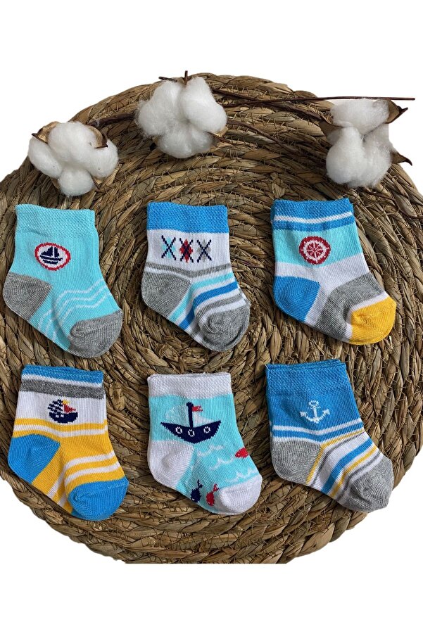 Hobins Sportswear & Company Erkek Bebek Yenidoğan Yelken Desenli Hediyelik Çorap Seti 0-6 Ay