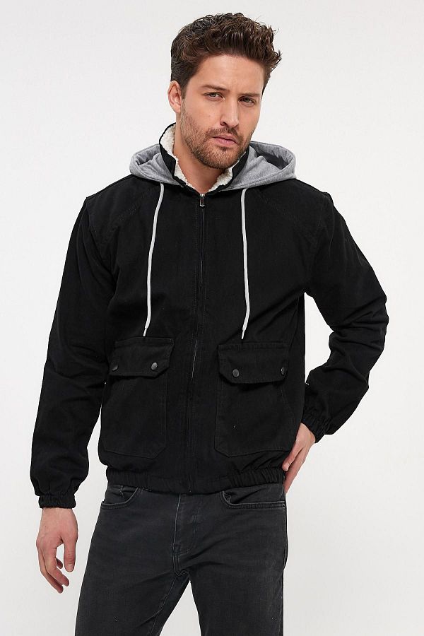 DAMGA JEANS Unisex JeanVibe Fur Lined Cotton Hooded Denim Jacket Black Trendyol