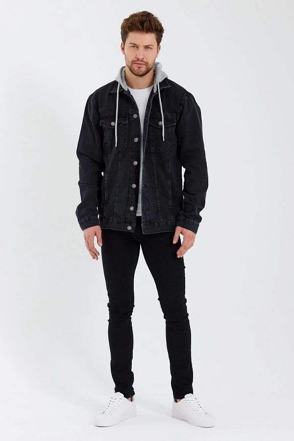 DAMGA JEANS Men s Classic Urban Style Denim Hooded Denim Jacket for Daily Use Black Trendyol