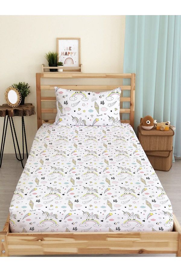 Evmila-Unicorn And Rainbow Pattern Printed Single 100x200 Cm Elastic Sheet Set White 1