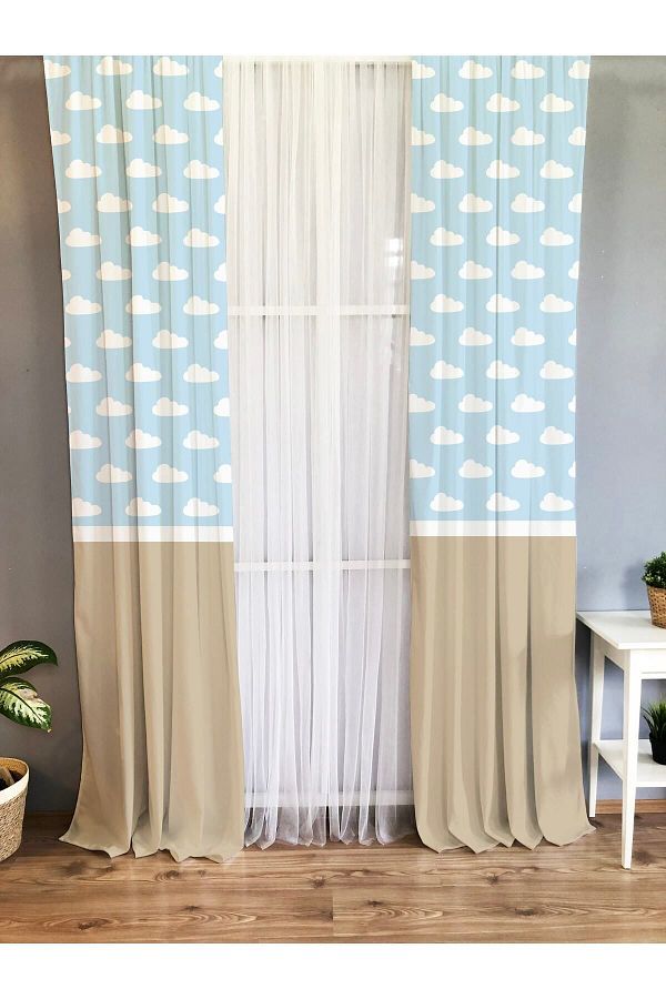 Evmila-Printed Cloud Patterned Single Wing Velvet Texture Background Curtain - Blue And Brown 1