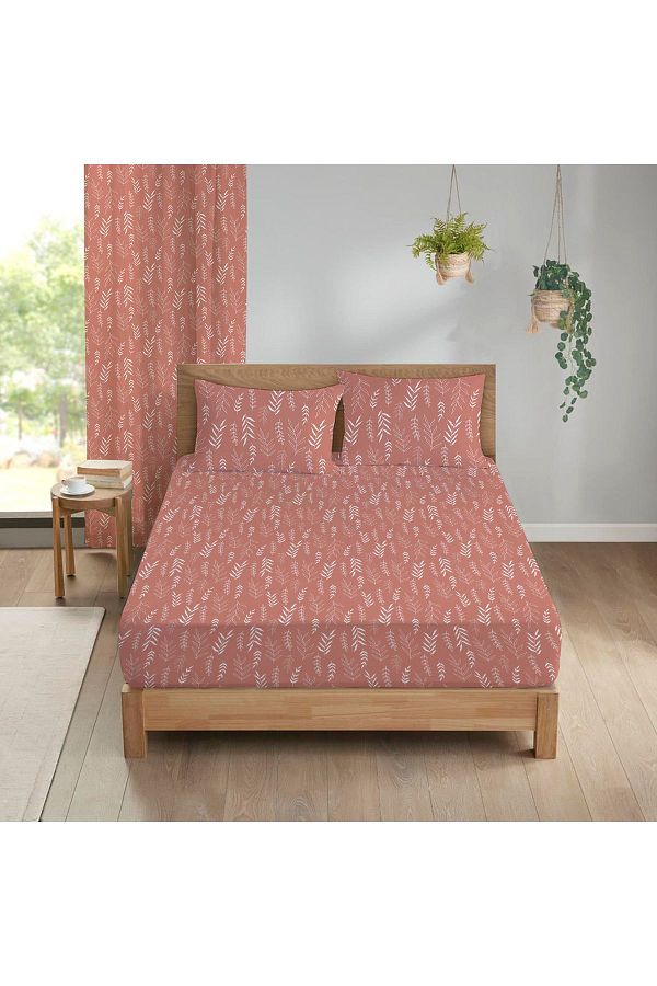 Evmila-Leaf Pattern Printed Double Elastic Sheet Set Pink 1