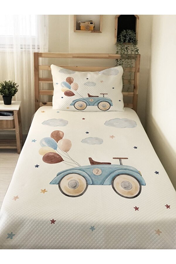 Evmila EVMİLA Antika Araba Desenli Bebek Ve Çocuk Baskılı Tek Kişilik Pike Takımı 160x230 Beyaz