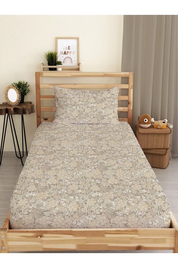 Evmila-Leaf Pattern Printed Single Elastic Sheet Set Brown 1