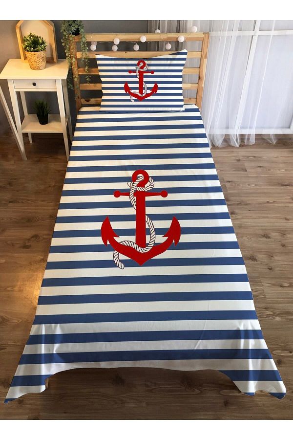Evmila-Red Ship Anchor Patterned Single Velvet Bedspread - white 1