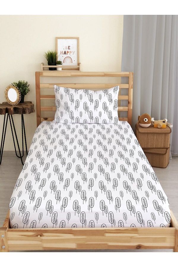 Evmila-Leaf Pattern Printed Single 100x200 Cm Elastic Sheet Set White 1