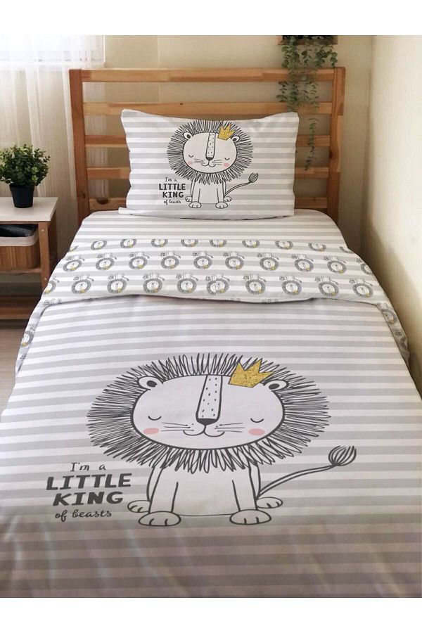 Evmila-Double Sided Lion Patterned Set of 2 Without Sheets Printed Single Duvet Cover Set Gray 1