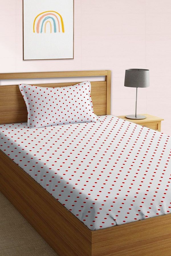 Evmila-Red Dot Pattern Printed Single 100x200 Cm Elastic Sheet Set White 1