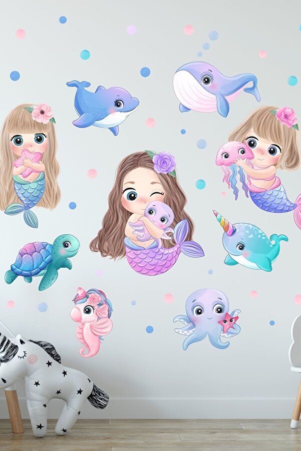 Sticker Ekspres Deniz Kızları Ve Arkadaşları Deniz Canlıları Çocuk Odası Duvar Sticker Seti