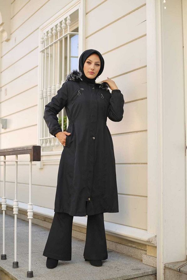 Vibeys Collection Black Fur Lined and Waterproof Women s Winter Coat Coat Trendyol