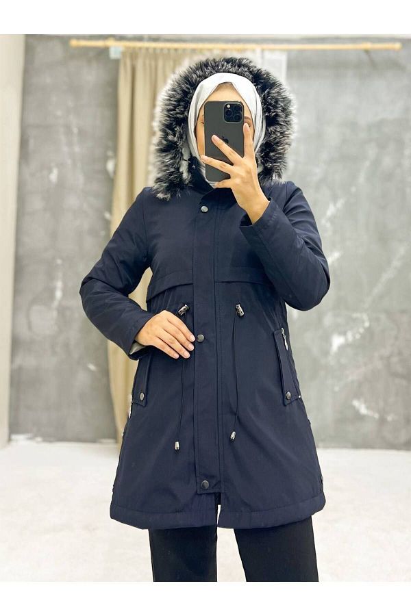 Vibeys Collection Navy Blue Fur Lined and Waterproof Women s Winter Coat Coat Trendyol