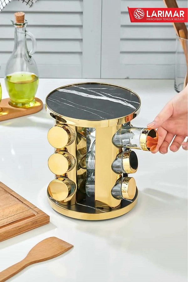 Larimar 12 Pieces Inox Gold Color Spice Rack Set 100 ml 360 Rotatable Spice Set Salt and Spice Rack Stand Trendyol