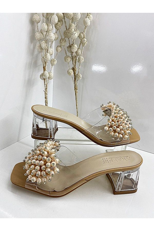 Ayakkab Bahcesi Beaded Transparent Heels Beige Evening Dress Engagement Bundle House Slippers Trendyol