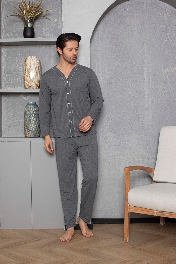 Huq Moda Moon Grimelanj Ribbed Long Sleeve Buttoned 100% Cotton Single Jersey Men's Pajama Set