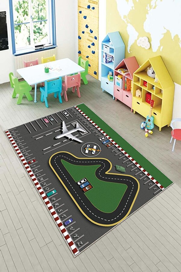 MENTEŞ HOME MENTEŞ Gri Pist Ve Uçak Desenli Yıkanabilir Kaymaz Taban Leke Tutmaz Bebek ve Çocuk Odası Halısı