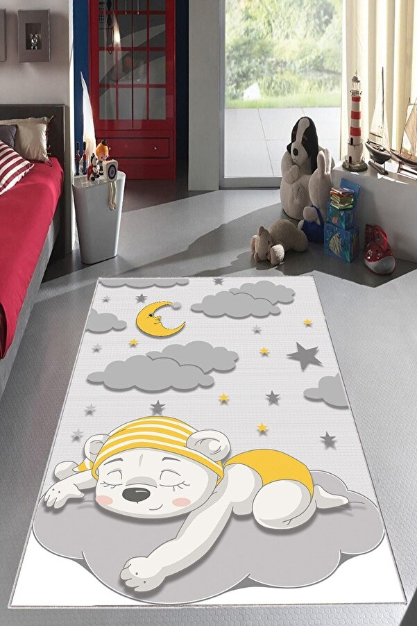 MENTEŞ HOME MENTEŞ Gri Uyuyan Ayıcık Desenli Yıkanabilir Kaymaz Taban Leke Tutmaz Bebek ve Çocuk Odası Halısı