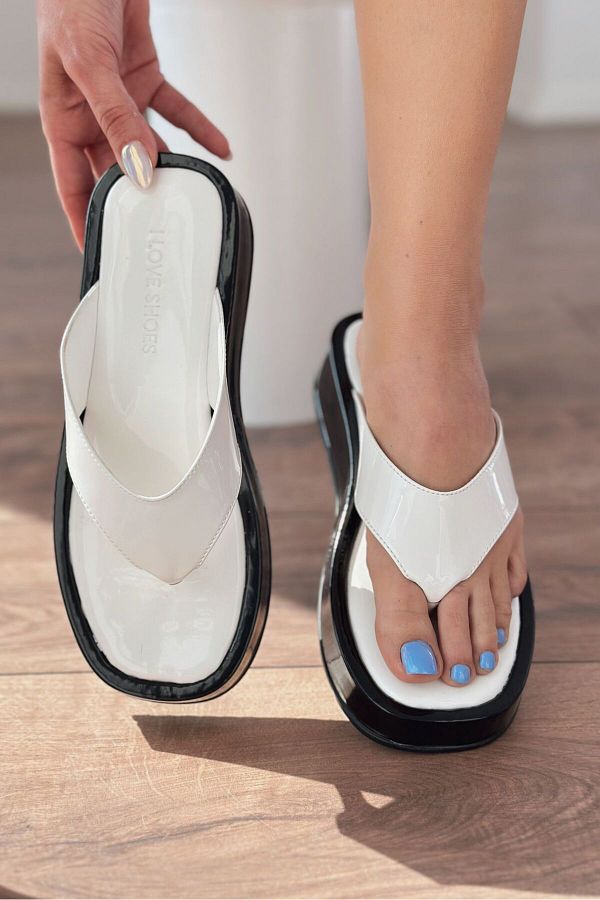 I Love Shoes White Sarend Patent Leather Flip Flops Women s Slippers Trendyol