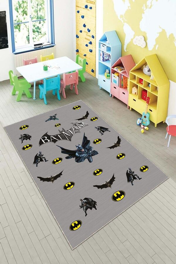 MENTEŞ HOME Gri Batman Desenli Yıkanabilir Kaymaz Taban Leke Tutmaz Bebek ve Çocuk Odası Halısı