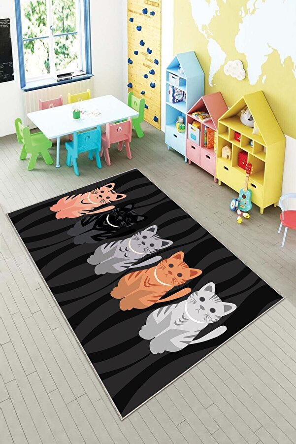 MENTEŞ HOME MENTEŞ Siyah Kedi Desenli Çocuk Yıkanabilir Kaymaz Taban Leke Tutmaz Bebek ve Çocuk Odası Halısı