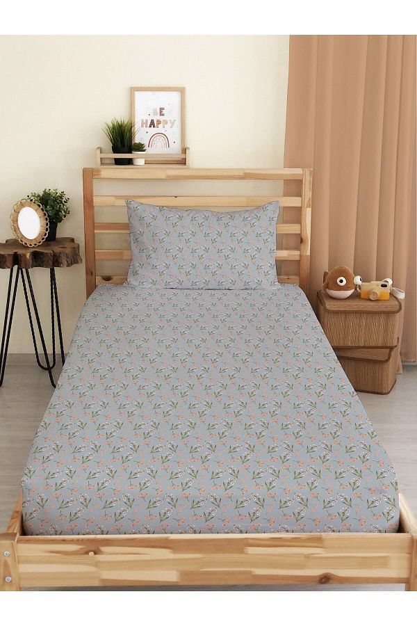 Evmila-Flower Pattern Printed Single Elastic Sheet Set Gray 1