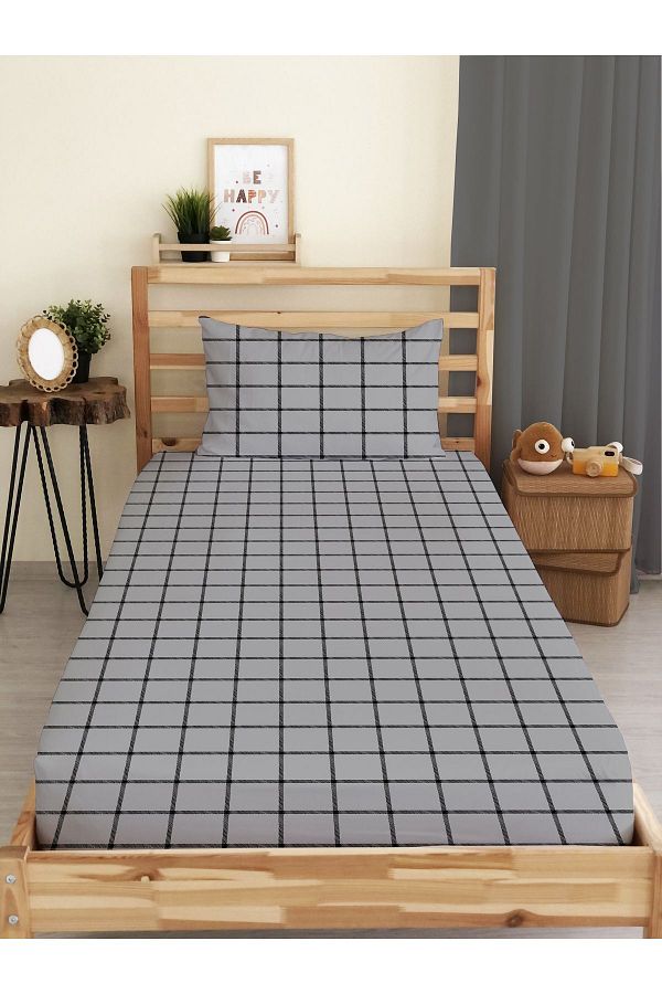 Evmila-Square Patterned Printed Single Elastic Sheet Set 1