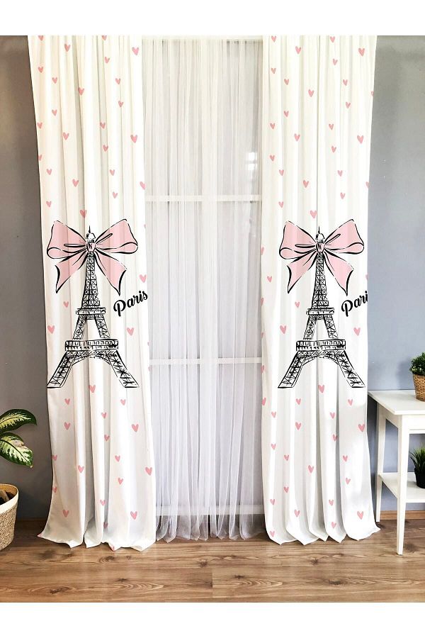 Evmila-Printed Pink Ribbon Eiffel Tower Patterned Single Wing Velvet Texture Background Curtain - White 1