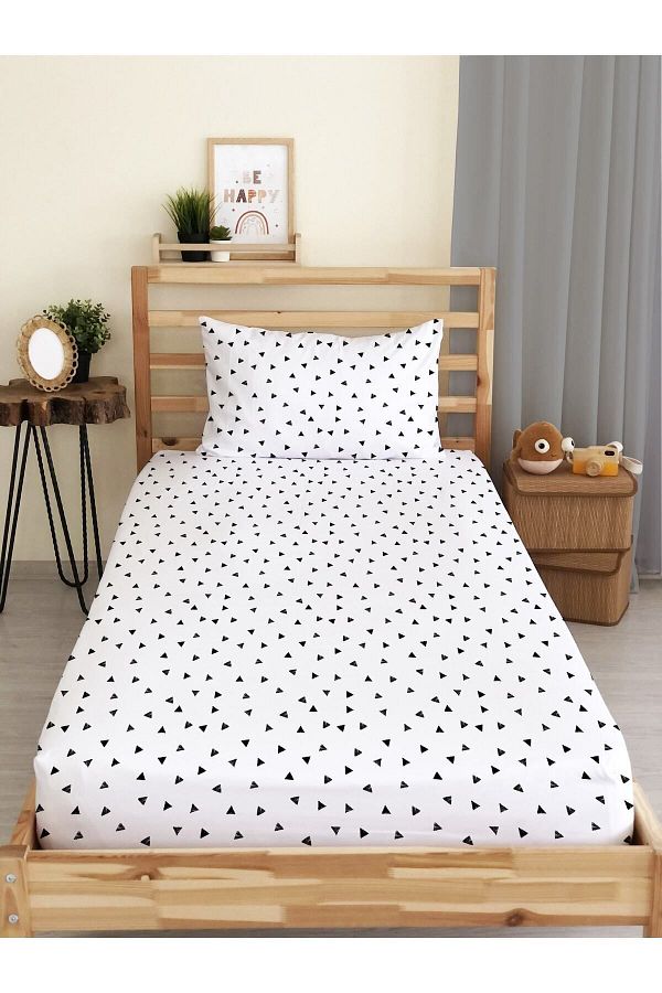 Evmila-Triangle Pattern Printed Single Elastic Sheet Set White 1