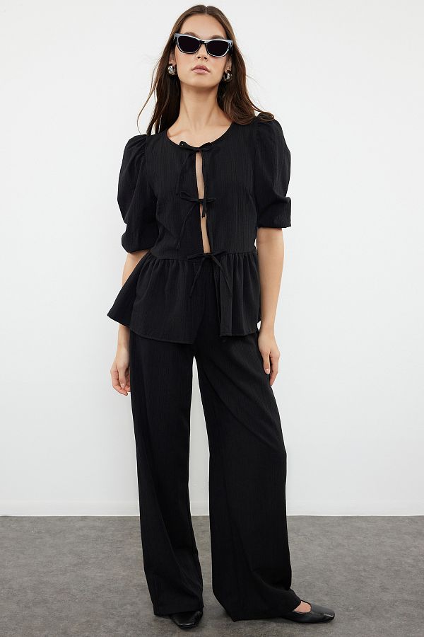 Trendyol Collection-Black Textured Fabric Lacing Detailed Balloon Sleeve Woven Blouse-Pants Set Twoss24Au00143 1