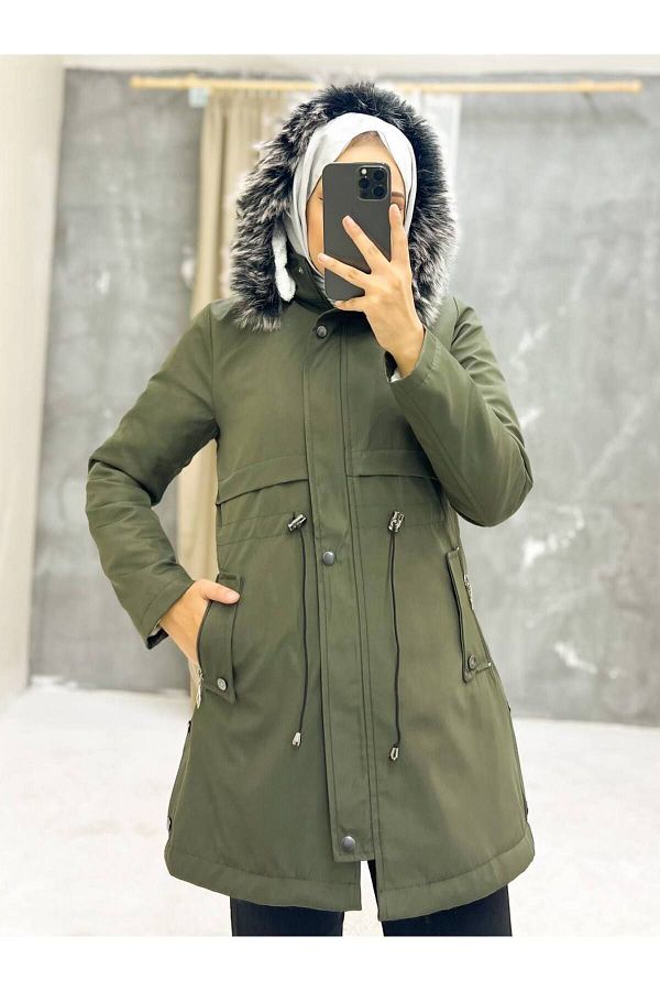 Vibeys Collection Khaki Fur Lined and Waterproof Women s Winter Coat Coat Trendyol
