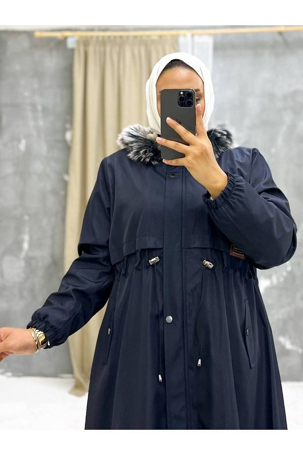 Marjinal City Navy Blue Fur Lined and Waterproof Large Size Oversize Women s Winter Coat Coat Trendyol