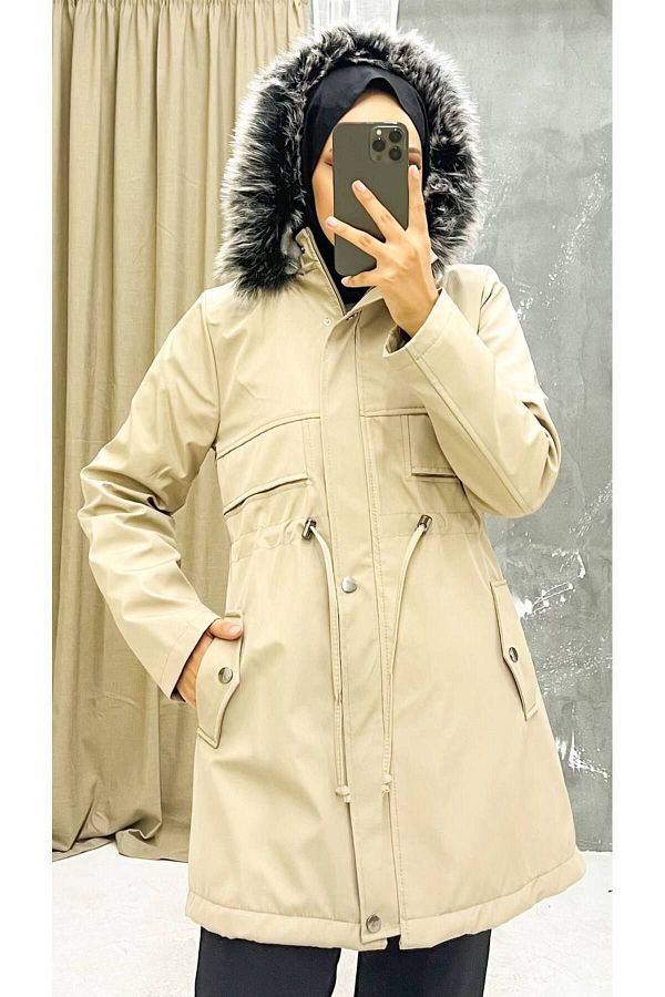 Marjinal City Cream Fur Lined and Waterproof Women s Winter Coat Coat Trendyol