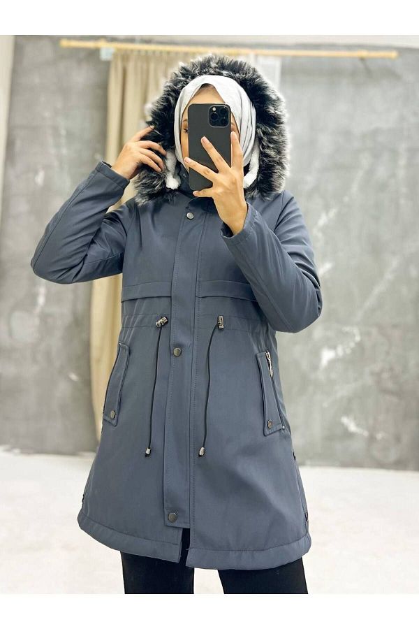 Marjinal City Gray Fur Lined and Waterproof Women s Winter Coat Coat Trendyol