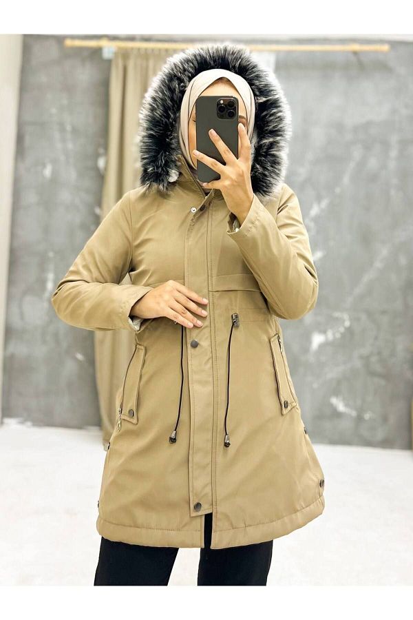 Marjinal City Beige Fur Lined and Waterproof Women s Winter Coat Coat Trendyol