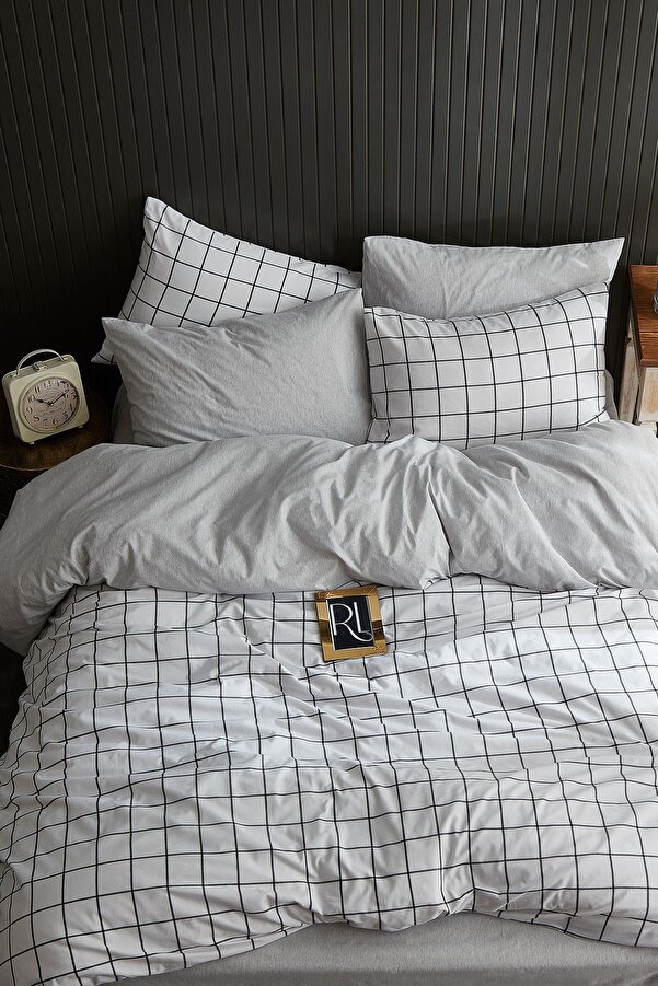 Ricco Lifes Beyaz Ekoseli Çift Kişilik Nevresim Takımı (ÇARŞAFSIZ)