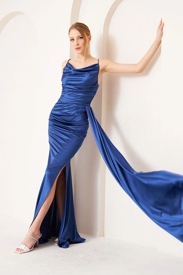 XOX Transparent Satin Dress Front Pleated and Slit Straps Trendyol
