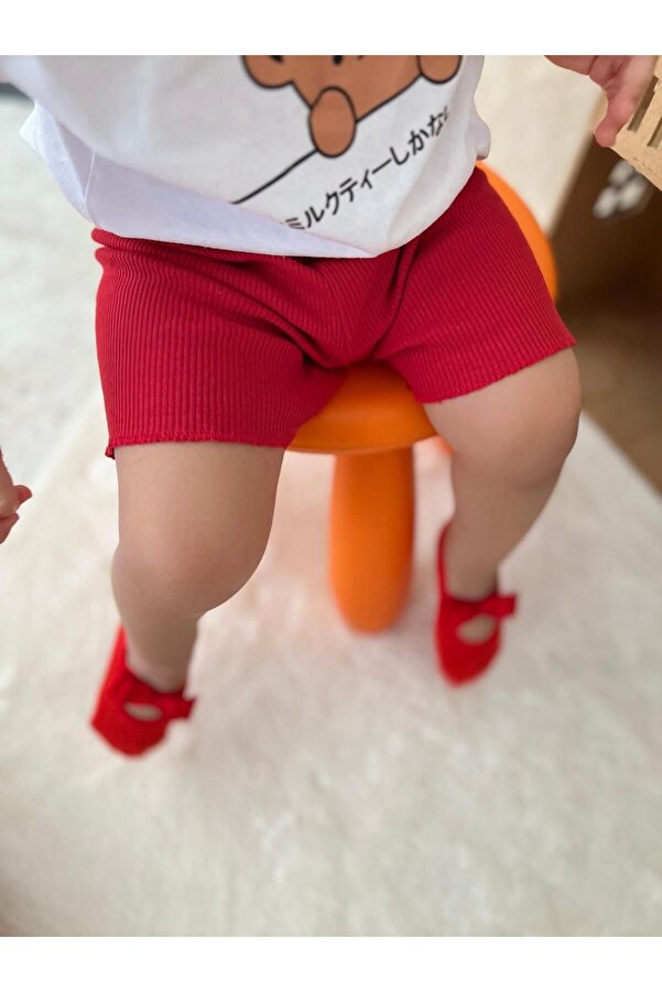 BAHNUR 2'li BEBEK KIRMIZI VE SARI FİTİLLİ RİBANA ŞORT ALT GİYİM