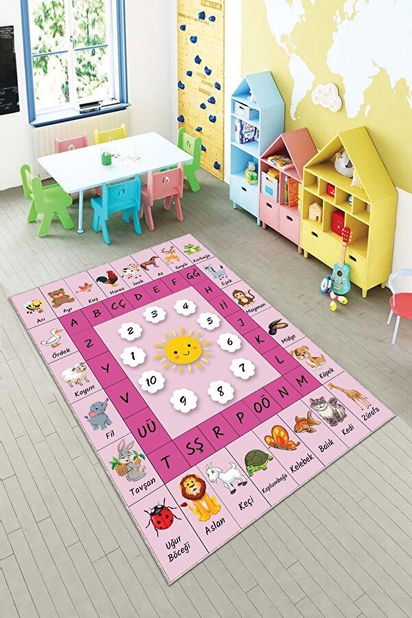 MENTEŞ HOME MENTEŞ Pembe Alfabe Desenli Eğitici Yıkanabilir Kaymaz Taban Leke Tutmaz Bebek ve Çocuk Odası Halısı