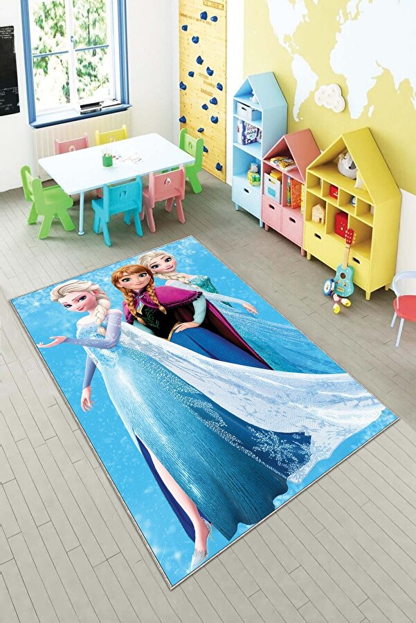 MENTEŞ HOME MENTEŞ Mavi Elsa Desenli Kız Çocuk Yıkanabilir Kaymaz Taban Leke Tutmaz Bebek ve Çocuk Odası Halısı